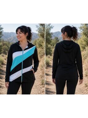 Oleg Cassini Sport 1X Black Aqua White Zip Front Hooded Active Jacket Plus Size